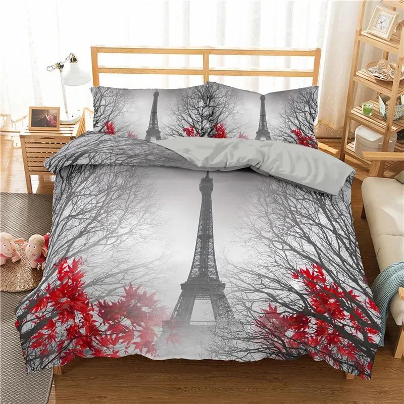 Comforter Romantic Eiffel Tower Microfiber Floral Bedding Set Paris Cityscape Twin Comforter For Girls Teen Adult Room