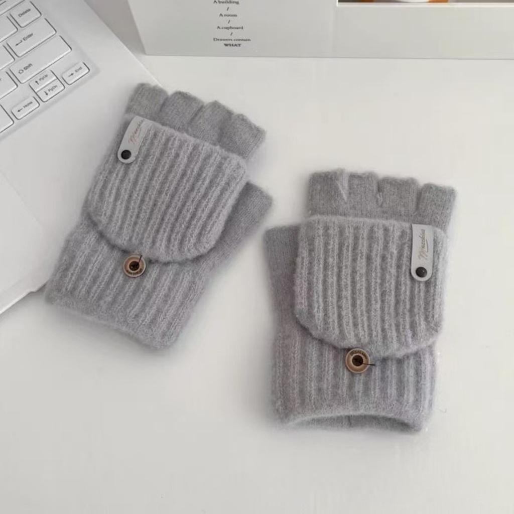 Winter Thick Half Finger Flip Gloves for Cute Women, Warm Cycling in Winter, Knitted for Students To Write and Type On