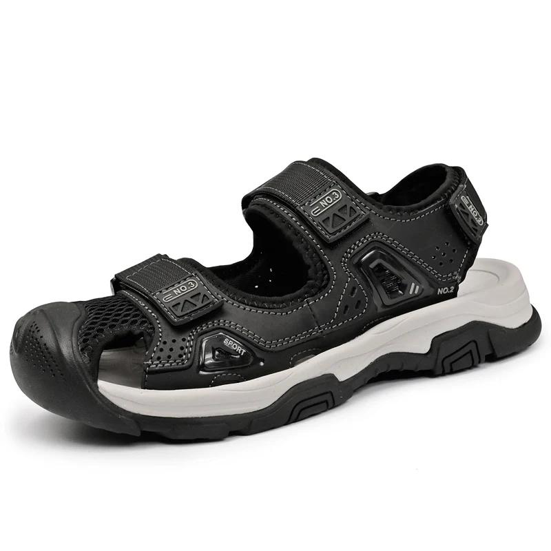 

Новые мужские сандалии из натуральной кожи, летние туфли на плоской подошве для отдыха на открытом воздухе, нескользящие пляжные туфли для прогулок, походов, повседневная обувь для мужчин, сандалии для походов, мужские 38 чёрный