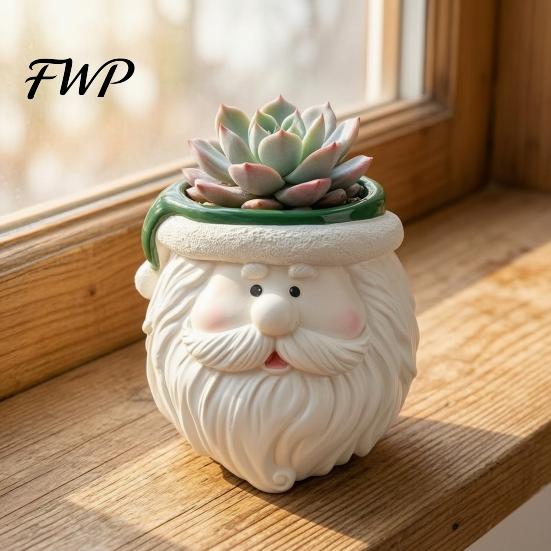Hand Painted Resin Pot Cute Santa Claus Flowerpot, Decorative Christmas Desktop Flower Planter, Container for Indoor Home Office Window Sill