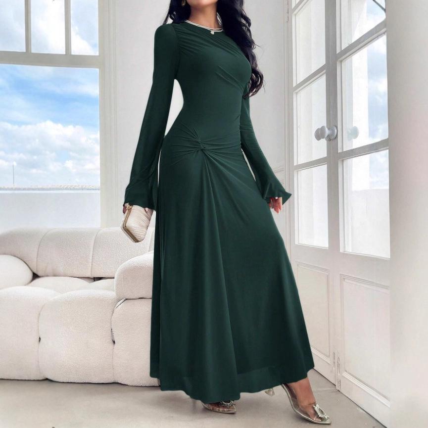 2026 European Chic Trumpet Sleeve Slim Fit Elastic Wrinkled Dress