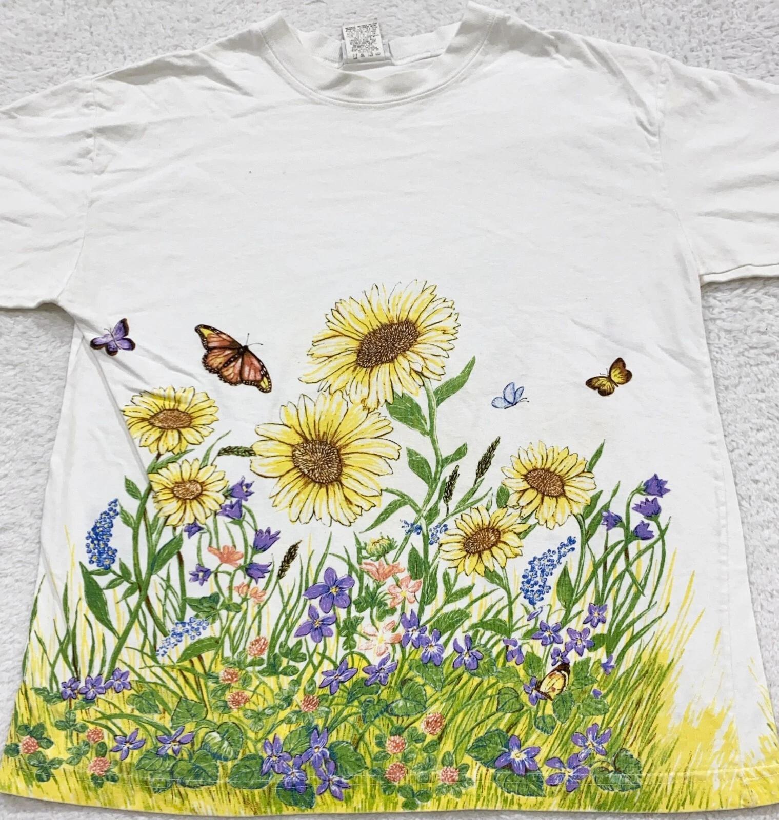 vintage 90s BUTTERFLY SUNFLOWER GARDEN ALL-OVER PRINT T-Shirt MEDIUM wild nature L