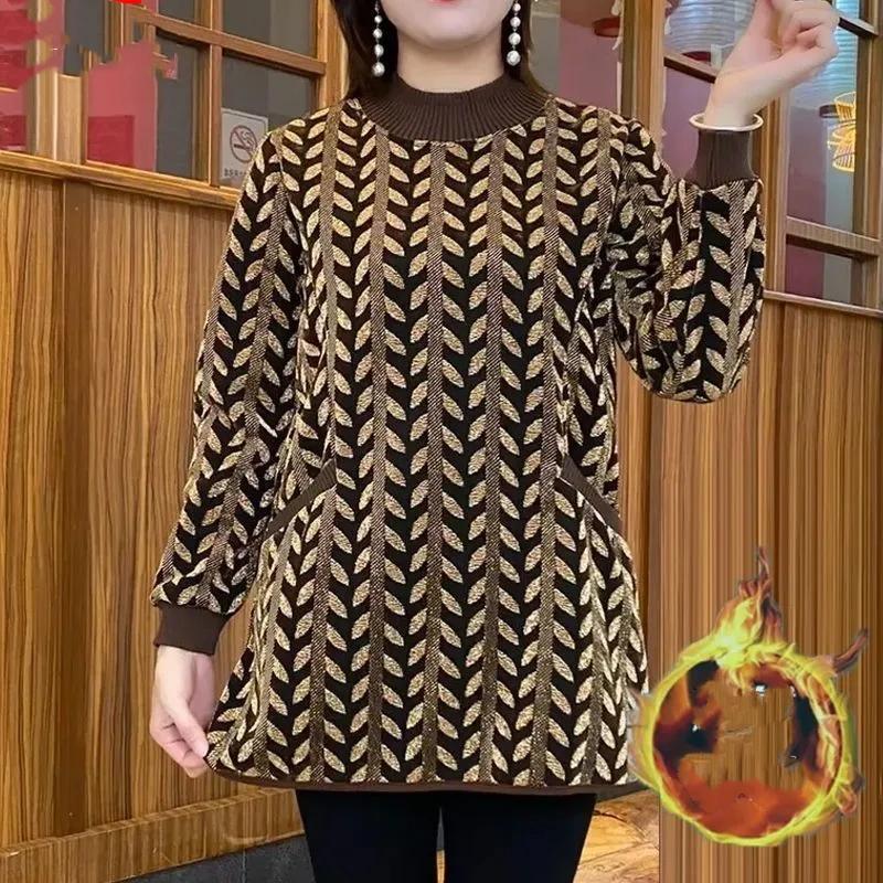 

Женский осенне-зимний свободный пуловер в клетку с длинным рукавом, теплый пуловер-свитшот 6XL коричневый