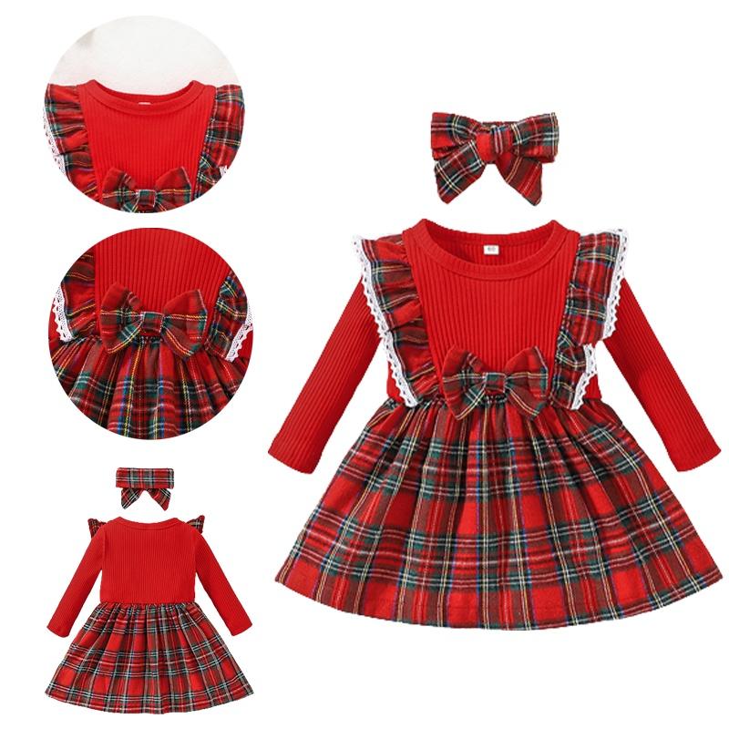 Toddler Xmas Plaid Printed Long Sleeve Christmas Dress