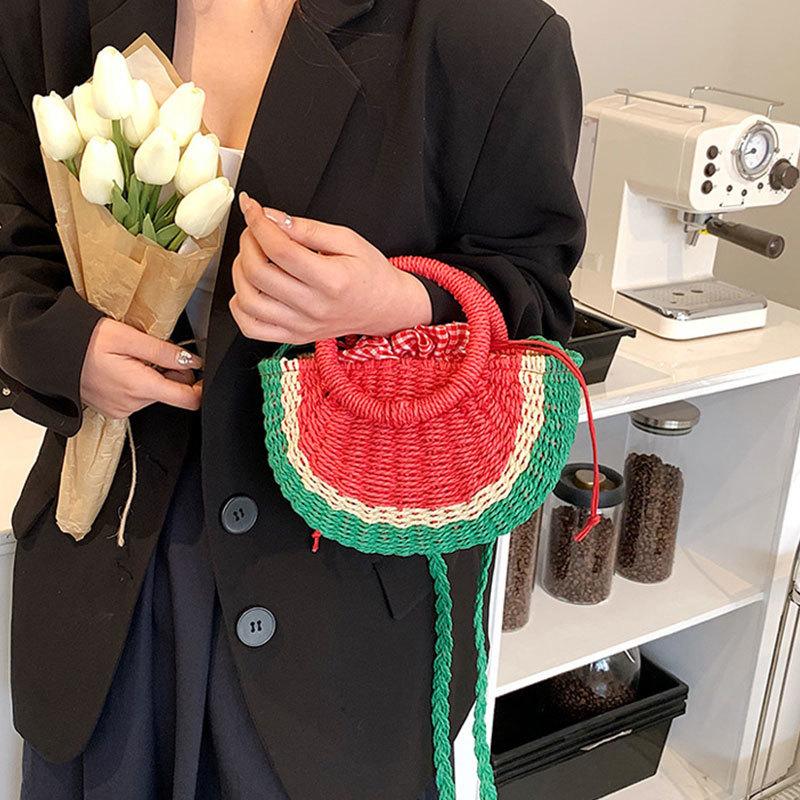 Small Hand-made Braided Bags Beach Summer Straw Bag Fashion Rattan Totes Lady Cute Watermelon Shoulder Bags Women Woven Handbags