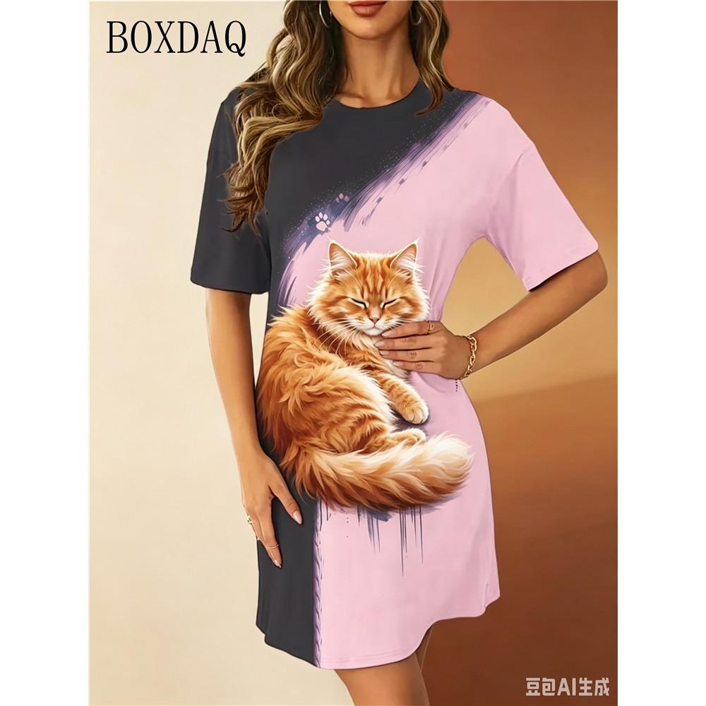 Summer Women's Dresses Casual Short Sleeve Round Neck Cute Cat Pattern Printed Loose Dress