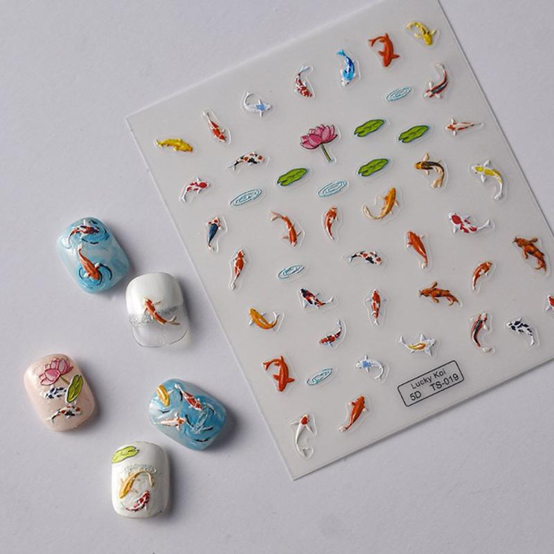 5D Embossed Colorful Lotus Leaf Small Fish Soft Relief Nail Art Stickers Diy