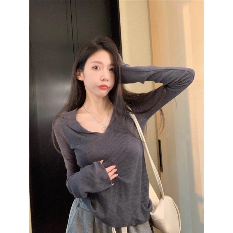 Pink collar pure want to wear knitted sweater women's autumn large size slightly fat mm thin bottoming shirt