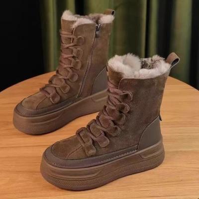 Winter New Round Toe Suede Thickened Anti-Slip Wear-Resistant Front Lace-Up Side Zipper Soft Sole Anti-Slip Shorthole Boots