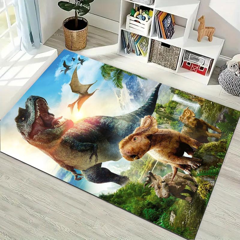 Jurassic Dinosaur Tropical Jungle Scene Print Area Rug Non‑Slip Rectangular Floor Mat Prehistoric Animal Decor Rug for Gaming Room Bedroom Living Room
