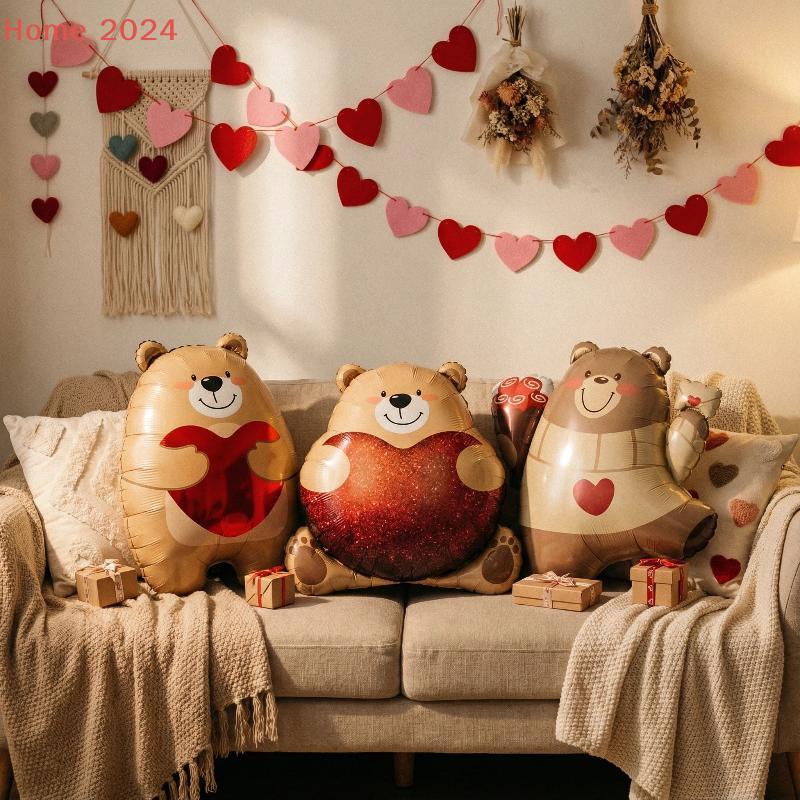 3Pcs Foil Balloons Engagement Anniversary Props Heart Shaped Bear Balloons Cartoon Standing Bear Valentine'S Day Decoration