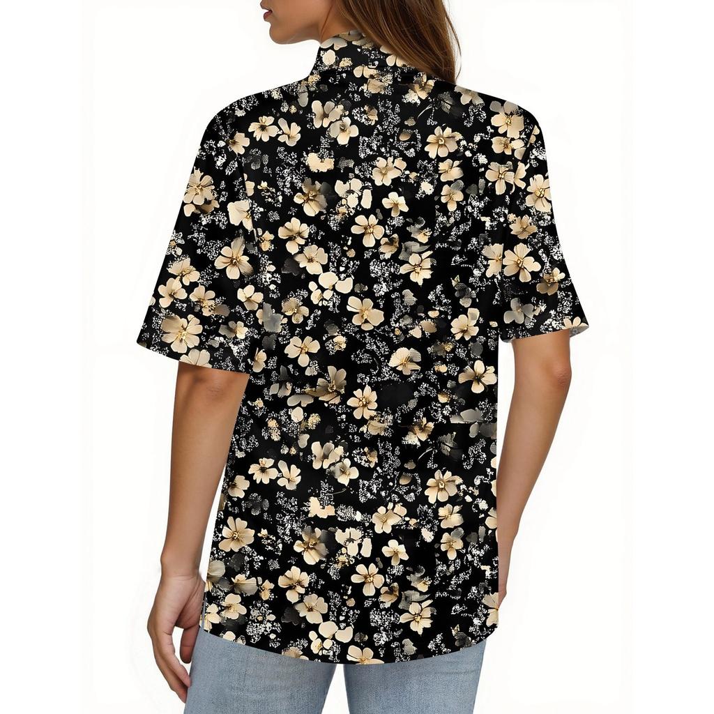 Women's Fashion Casual Button Pocket Shirt Short Sleeve Print Lapel Top