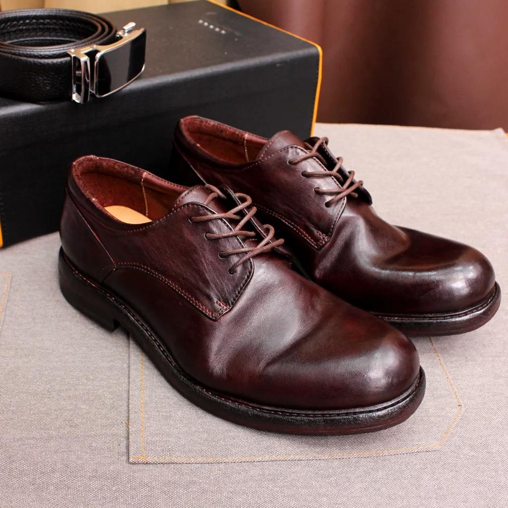 Fashion Men's Handmade Goodyear Sewn Derby Formal Shoes Soft Genuine Leather Round Toe Comfortable Non-Slip Casual Shoes