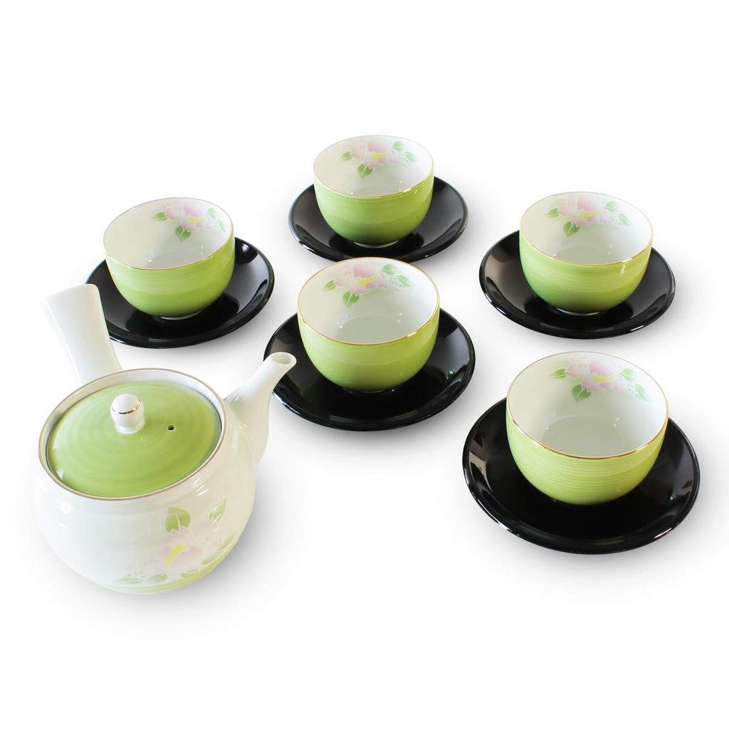 Ranchant Green Teapot Set with PC Tea Tea Wakakusa Camellia Arita Made In Japan Tray, Teapot 17x14.5x9.5cm, Sencha 8.8x5.5cm, Tray 12.2x1.6cm,