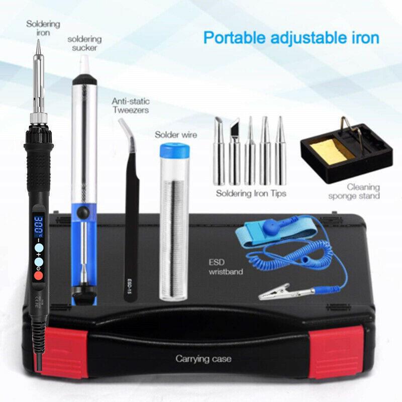 90W Soldering Iron Kit: Adjustable Temp, Desoldering Pump, Anti-static Wrist Strap, Toolbox Included