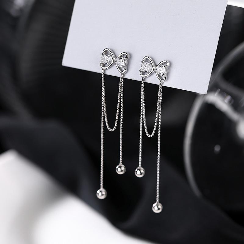 Long Bow Tassel Earrings Femininity Muse Internet Celebrity Delicate Diamond Double Face Skinny Earrings