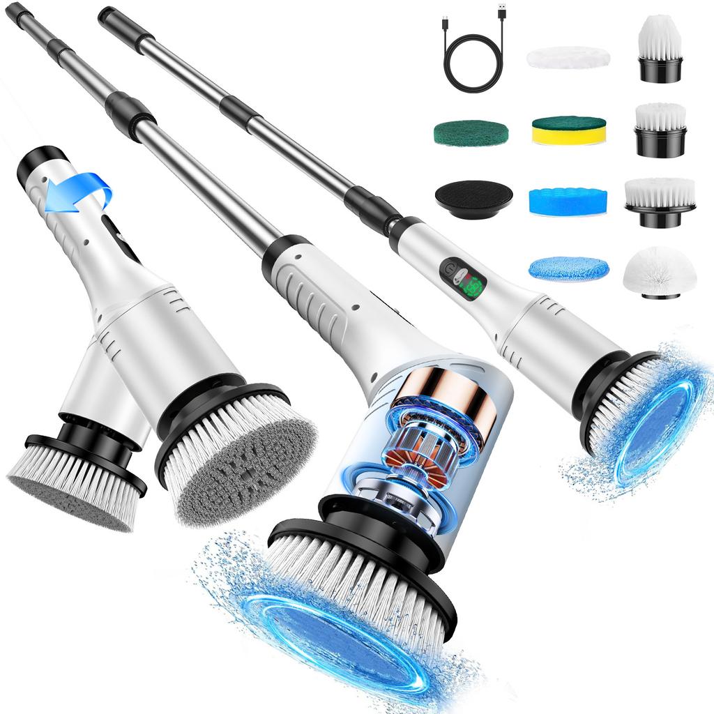 Electric Spin Scrubber Electric Scrubber with 8 Replaceable Brush Heads  Detachable Extension Handle Power Spin Scrubber Cord