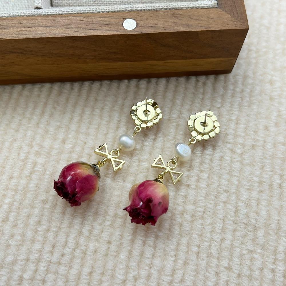 Rose Dried Flower Pendant Earrings Vintage Real Flower Earrings  Bridal Gown Earrings
