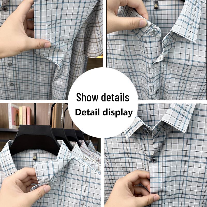 Hengyuanxiang Men's Ice Silk Business Casual Plaid Short Sleeve Shirt