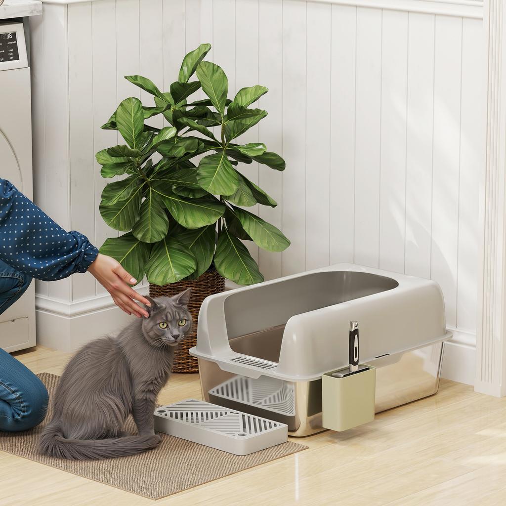Cat Litter Box, Cat Toilet, Stainless Steel, High Walls, Storage Box, Light Gray