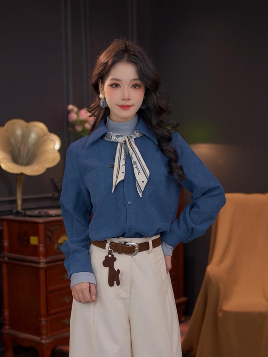 

Wan er [Shenling] 25 Autumn/Winter Slimming Age-Defying Shirt #M29018-1 Small синий