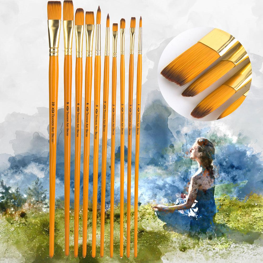 10Pcs Painting Brush Yellow Handle Nylon Hair Gouache Watercolor Drawing Pen Art Supplies