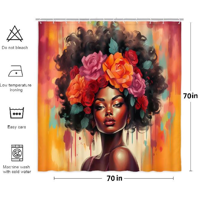 Black Girl Shower Curtain, Retro African American Colorful Floral Red Rose Black Woman Bathroom Decor, Oil Painting Aesthetics Flower Fabric Afro
