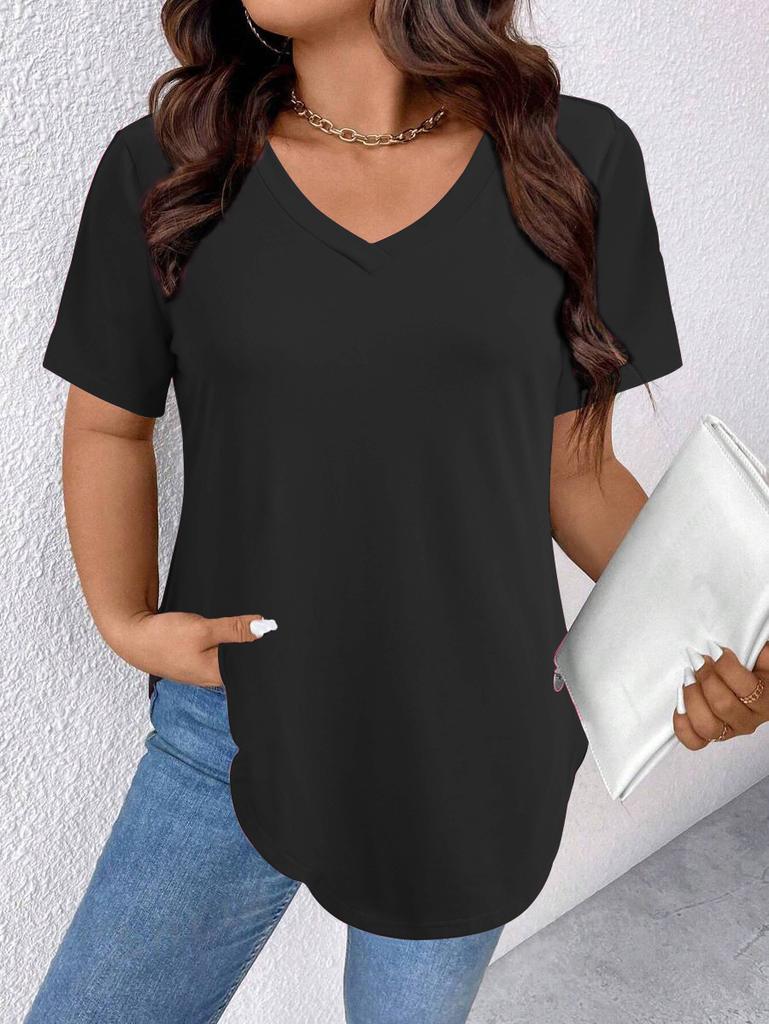 Women's V Neck Short Sleeve Tunic Top Loose Fit Casual Style Polyester Solid Color Curved Hem Long Tee Plus Size Summer Shirt
