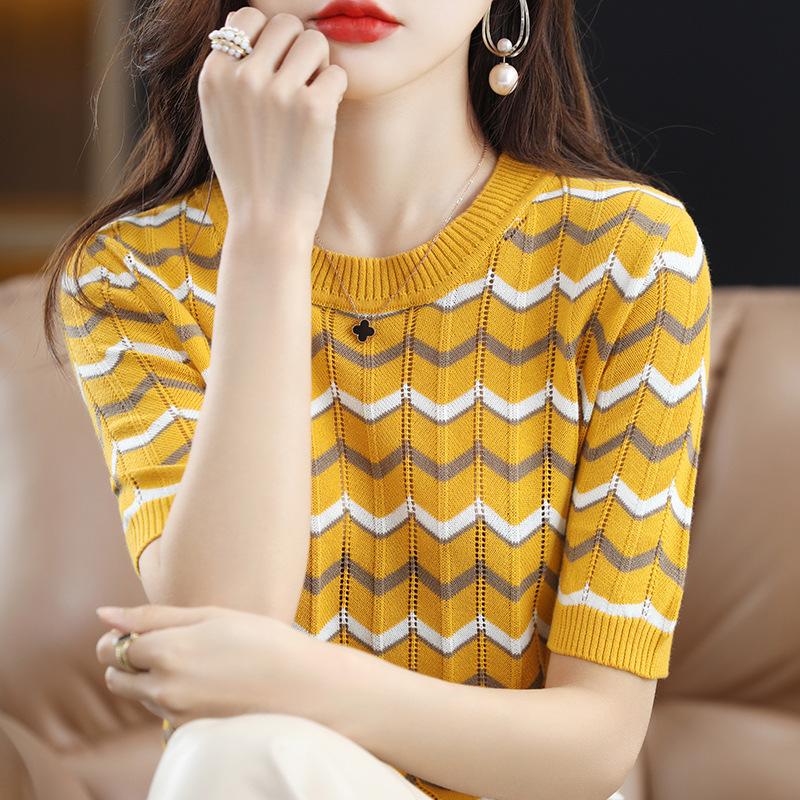 

Женская вязаная футболка с коротким рукавом из чистого хлопка, пуловер с круглым вырезом, свободный повседневный базовый топ, ажурный, с полурукавами, тонкий XXL жёлтый