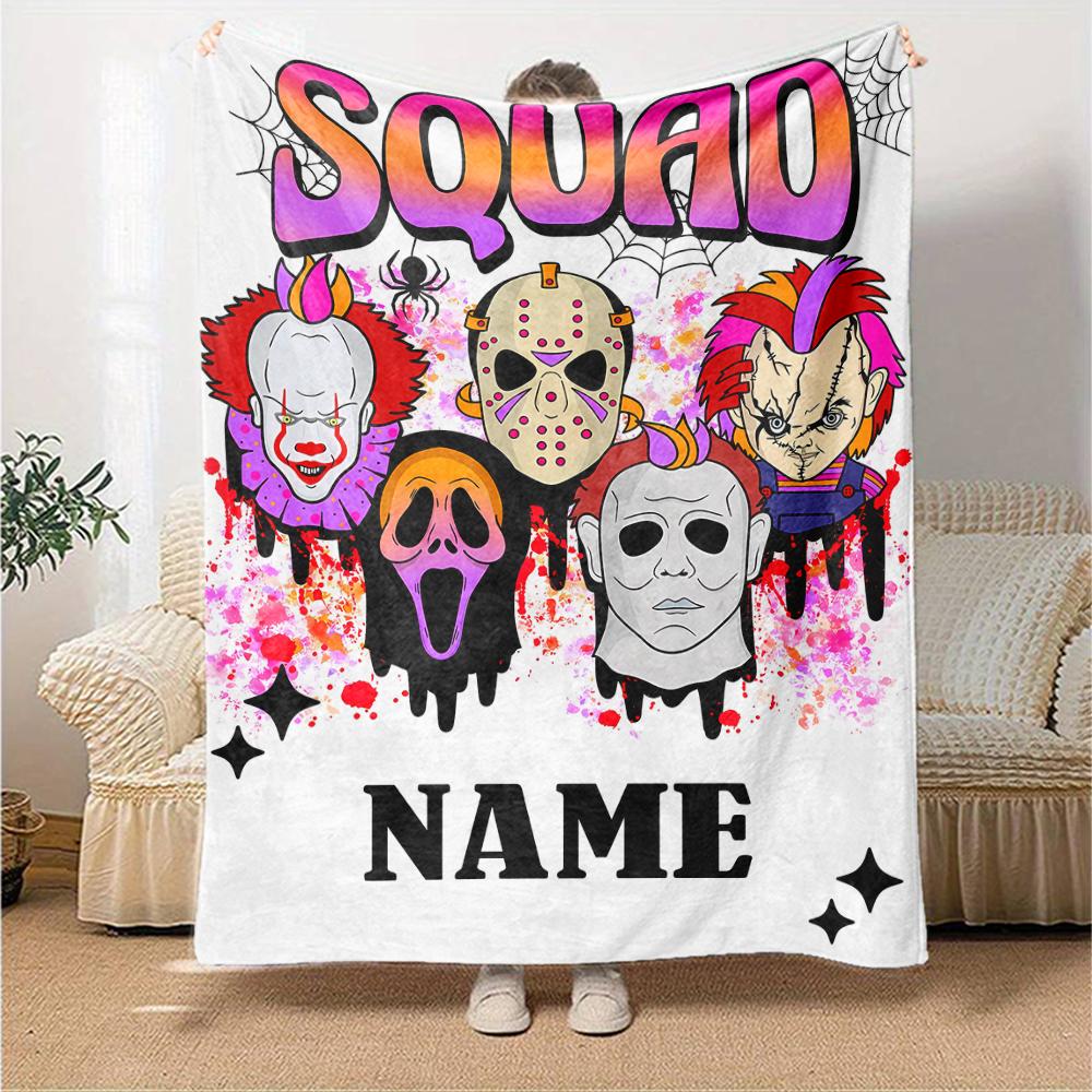 Custom Name Halloween horror Theme Printed Blanket - Perfect for Couch, Bed, Travel & Outdoor Use | Machine Washable, Cozy & Durable.