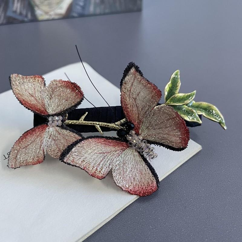 Handmade Gradient Embroidered Butterfly Hair Clip Women Vintage Elegant Accessory With Fabric Bow Imitation Crystal Gradient Pink
