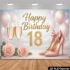 2D Pink Rose Gold 18th Birthday Party Backdrop, High Heel & Champagne Photo Booth Background