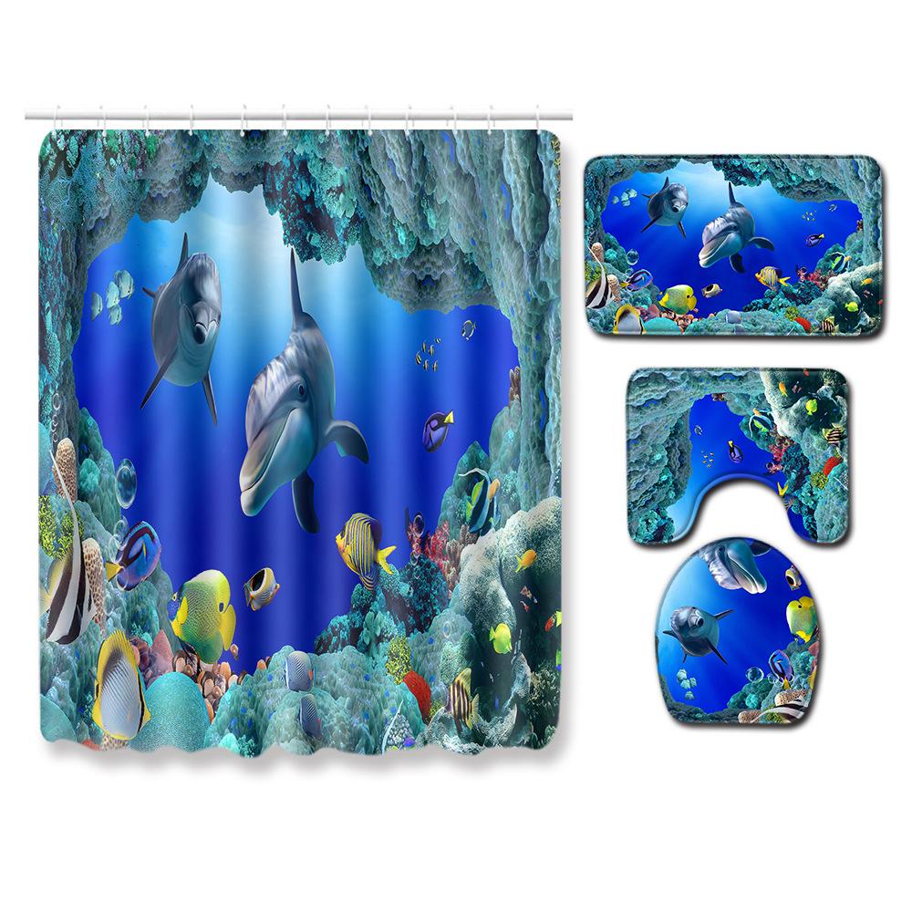 Shower Curtain Floor Mat Toilet Cover Foot Mat Door Mat Carpet Four-Piece Pattern