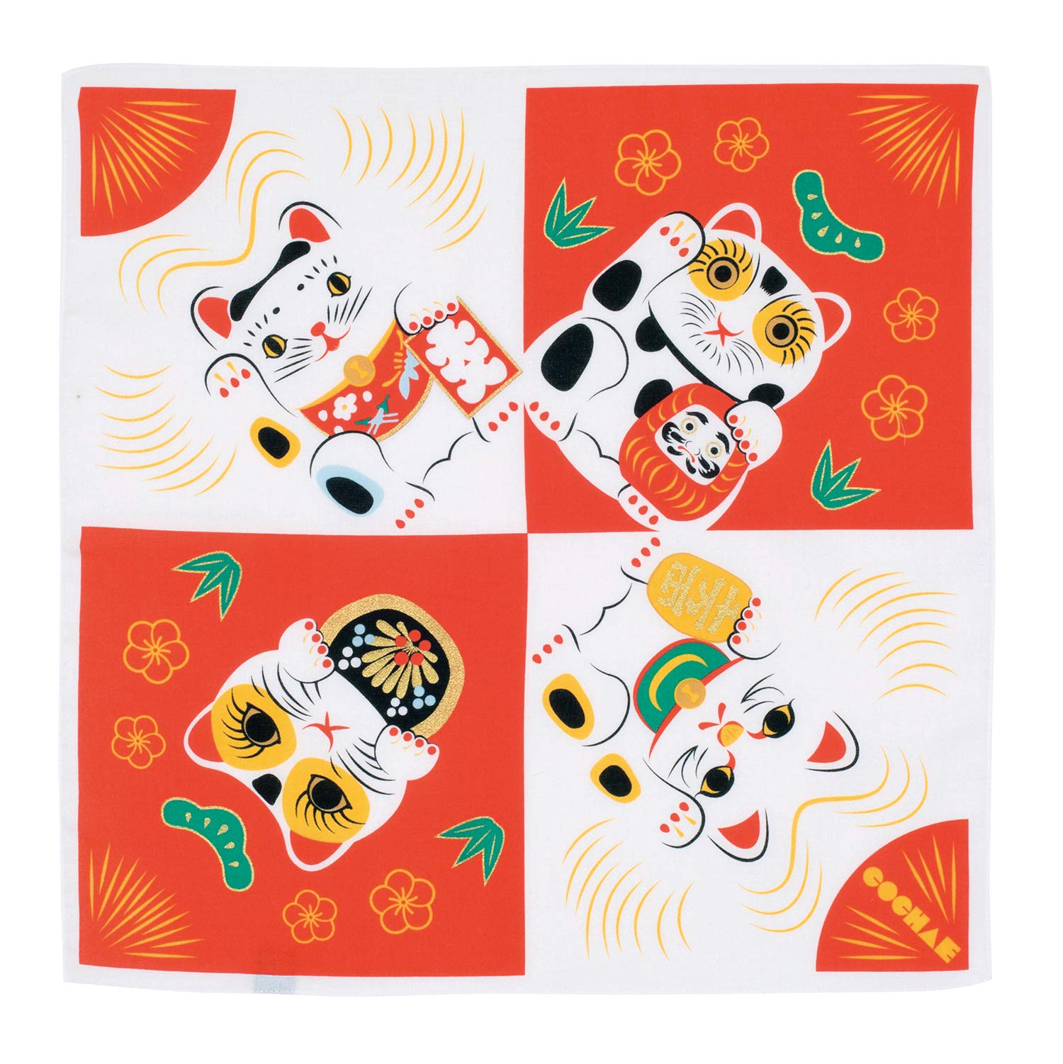

Musubi Furoshiki (Wrapping Cloth), 48cm, Fuku Kochae (Lucky Cat) Design, Amber, Made in Japan, 20464-105