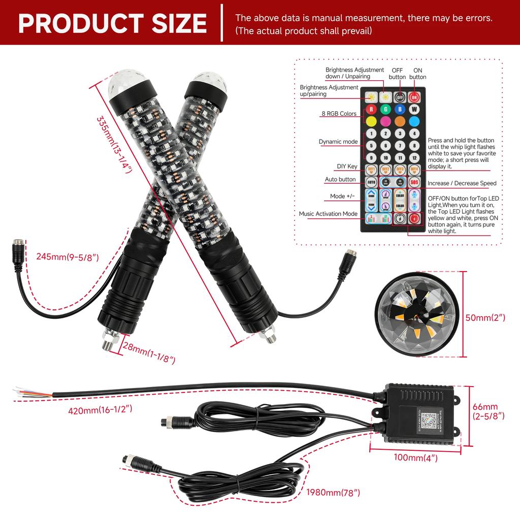 2PCS 1FT RGB LED Antennas With Warning Lights Antenna Led Bar Spiral Sequential Whip Light Off-road And UTV Accessories