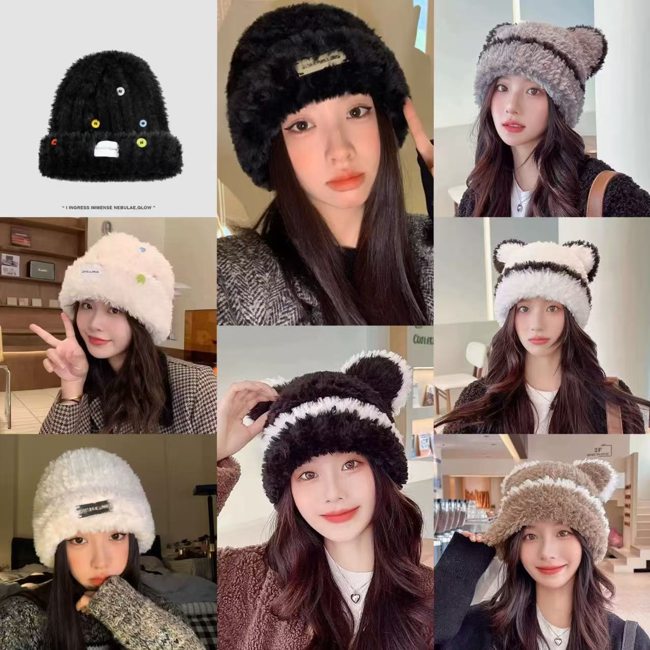 

Cute bear wool hat female imitation fur windproof thickened warm knitted hat fluffy big head circumference shows small face [The style on the picture has average hair]
