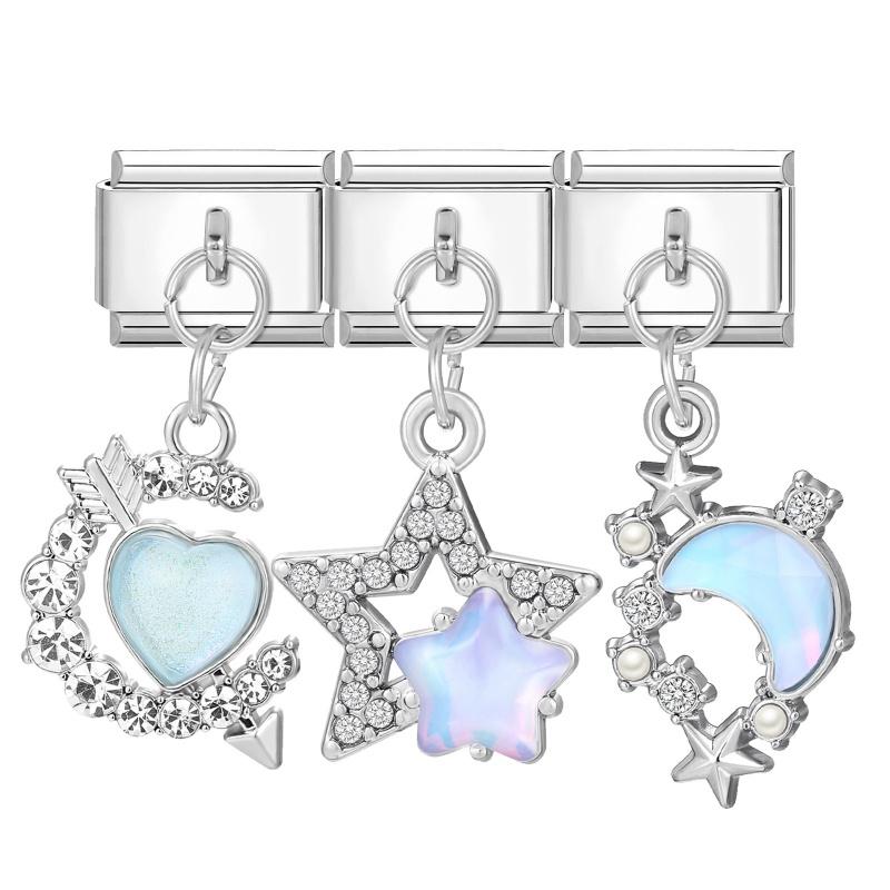 Y2K 3PCS Colorful Crystal Zircon Pendant Moon Star Bow Italian Charm Links Stainless Steel Fit 9mm Bracelet Jewelry DIY Making