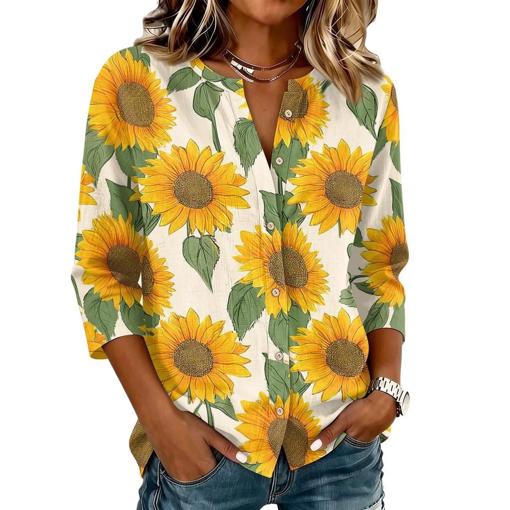 Vintage Floral Print Button Down Shirt Women Henley Neck Three Quarter Sleeve Linen Cotton Blouse Casual Lightweight Top