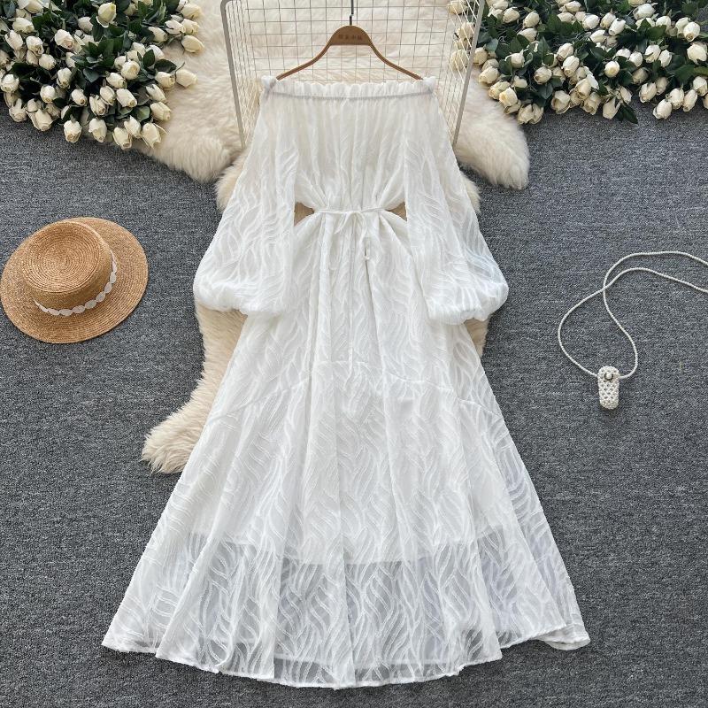 Lantern-sleeved Cinched Waist Elegant French Slimming Dress for Women