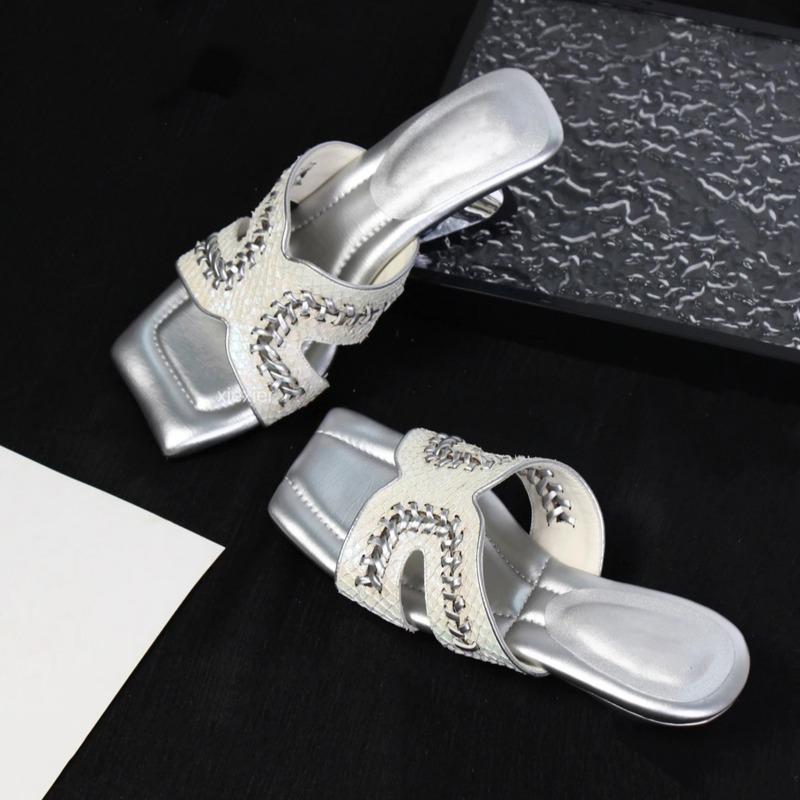 Wedge Heels Woven Sandals Women's Shoes Square-toed One-shoulder Slippers