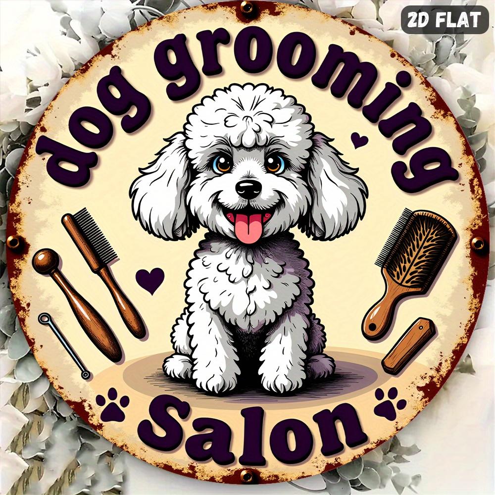 D Flat pc Vintage Dog Grooming Salon Sign Rustic Metal Wall Art with Cute Fluffy White Puppy Comb Brush Graphics Beige