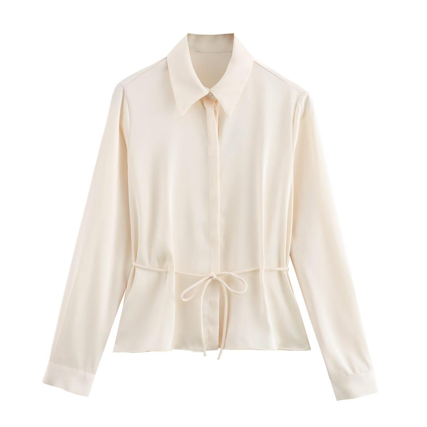 

2024 весна-лето новая модная женская рубашка из тонкого шёлкового атласа с декоративной талией XS бежевый