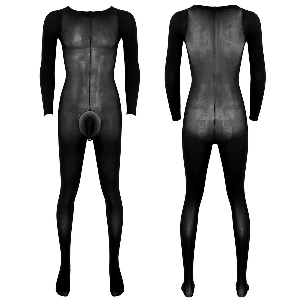Mens Solid Color Bodystocking Long Sleeve Stretchy Bodysuit with Bulge Pouch Nightwear Underwear