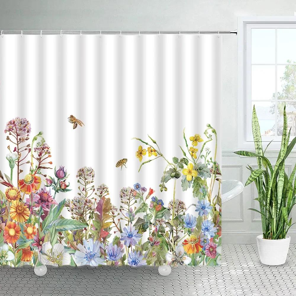 

Butterfly Sunflower Shower Curtains Natural Yellow Flowers White Background Decor Simple Fabric Home Decor Bathroom Curtain Se 120x180cm