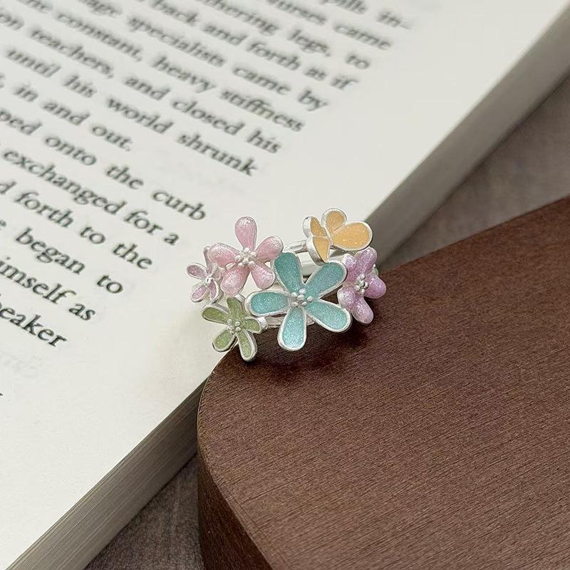 Yunjian Streamer Sweet Wind Niche Design Butterfly Flower Ring Female Enamel Hollow Stacked Ring Tide