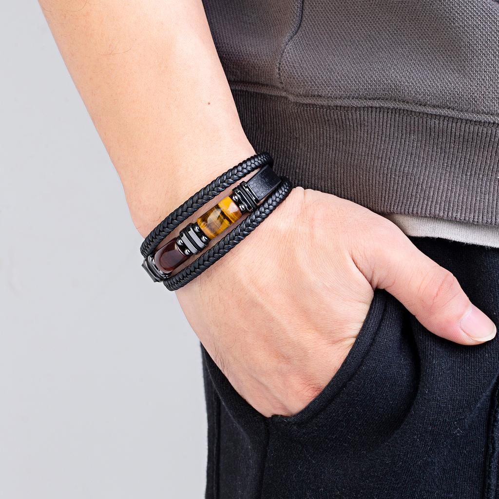 Multi-layer Braided Leather Charm Bracelet Red Blue Tiger Eye Stone Bracelet For Men Simple Stainless Steel Zircon Accessories