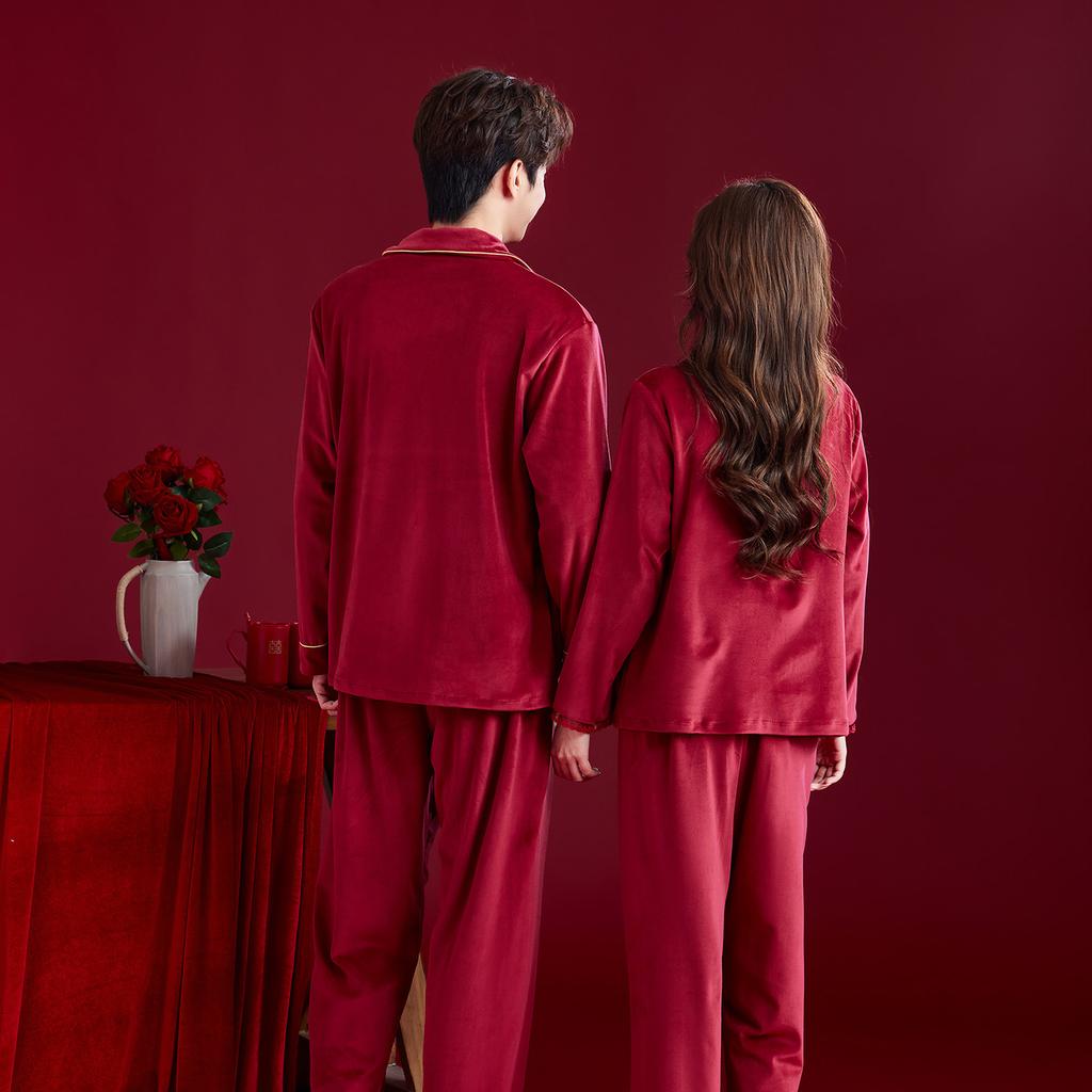 Wedding Pajamas Newlywed Couple Suit Women's Autumn and Winter Red Island Fleece Warm Flannel Men's Loungewear