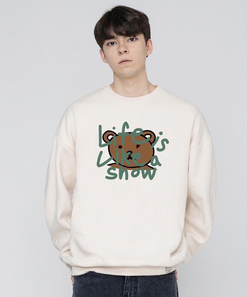 GRAVER [Unisex] Big Drawing Letter Bear Sweatshirt_Cream/Green Logo