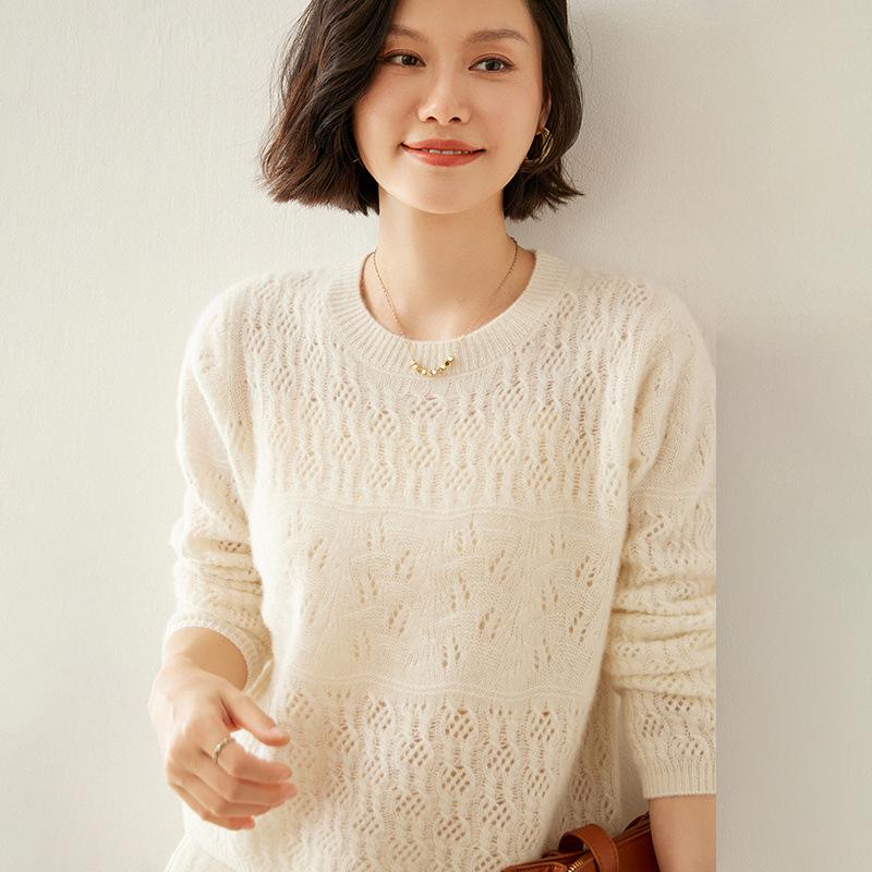 

Женский кашемировый свитер с круглым вырезом и ажурным узором - Модный вязаный пуловер на осень/зиму L (90-120 jin)