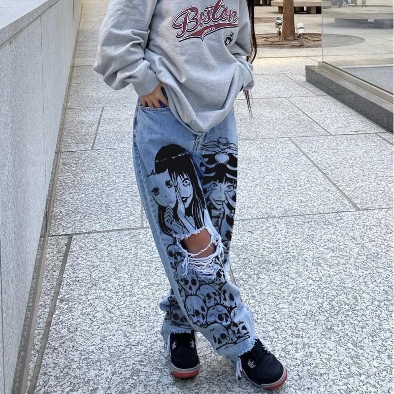 Dámské džíny s vysokým pasem a širokými nohavicemi, roztrhané, dlouhé, Streetwear, džínové kalhoty, velikost S-3XL